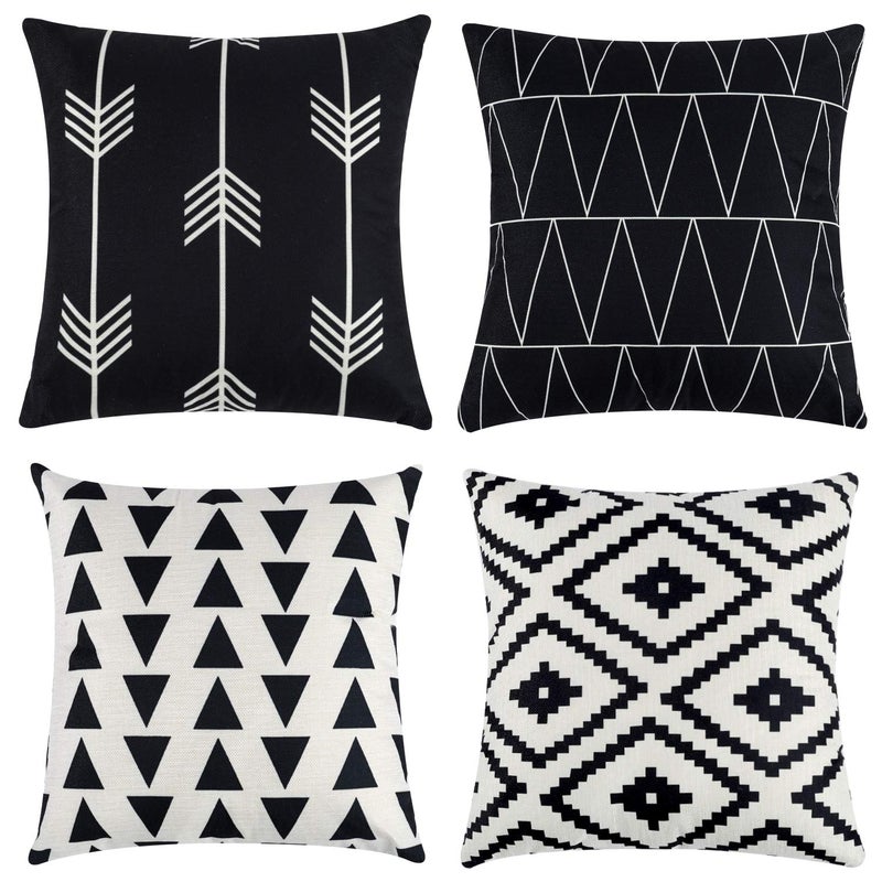 Tosewever Set of 4 Decorative Geometric 16 x 16 Inches Throw Pillow Covers - Modern Pattern Linen Square Pillow Cushion Case for Sofa Couch Bed Home Outdoor Car (16"" x 16""  Black) - Image 1